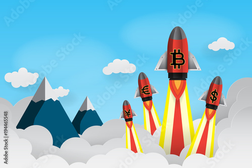 paper art of currancy rocket,dollar yen euro and bitcoin luanch to the sky over the mountain , in concept stock finance currency exchange © whatamiii