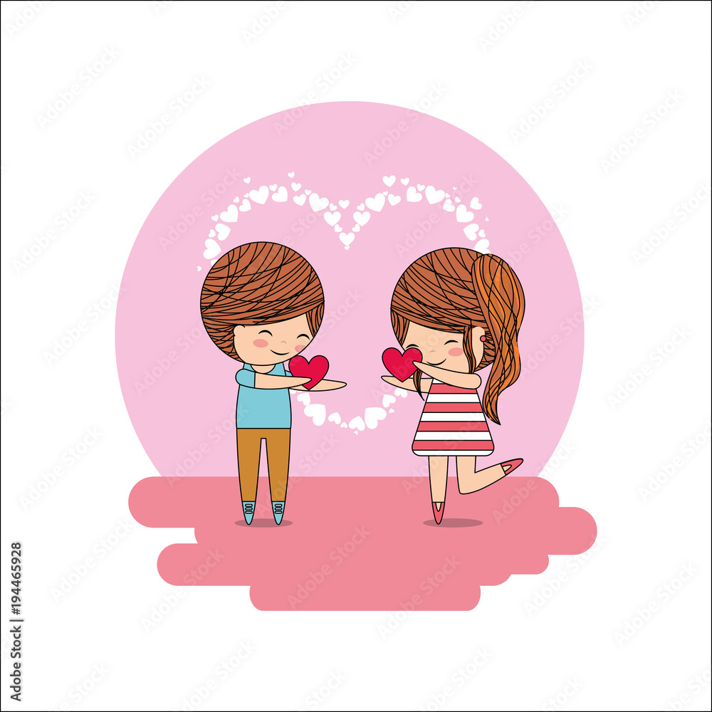 cute little happy couple with hearts in hands vector illustration cute little happy couple with hearts in hands vector illustration