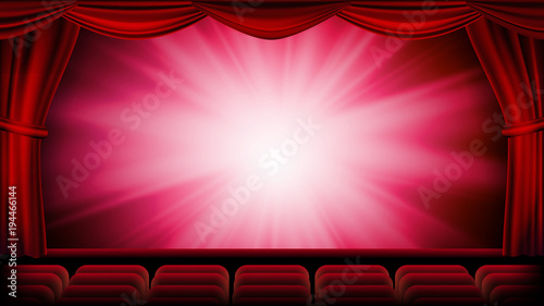 Red Theater Curtain Vector. Red Background. Theater, Opera Or Cinema Closed Scene. Banner, Placard, Poster Template. Realistic Red Drapes Illustration