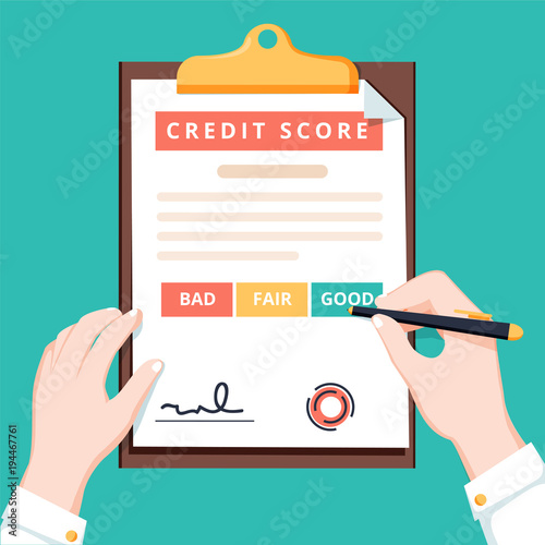 Close-up of person hands with clipboard credit score and pen. Concept personal credit score information.