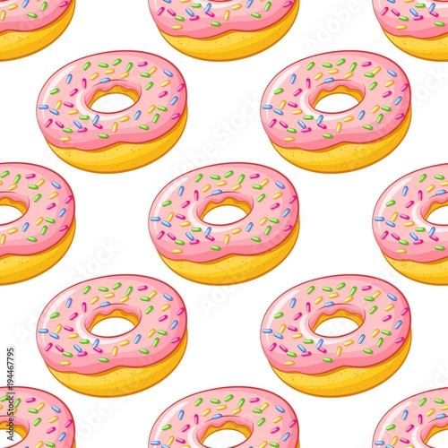 Hand drawn cartoon delicious pink strawberry donut seamless pattern, realistic food illustration, repeating colorful vector background.