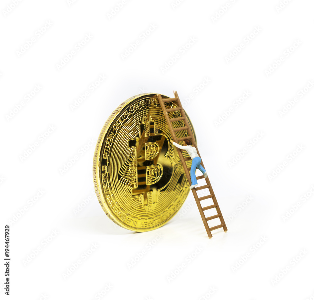 Crypto currency mining concept by miniature figure miner go up with ladder  on Bitcoin coin, isolated on white Stock Photo | Adobe Stock