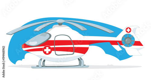 a vector cartoon representing a red and white medical helicopter, with rescue cross on it, standing on the ground. Light blue sky and some clouds on the background. Propellers are turned off