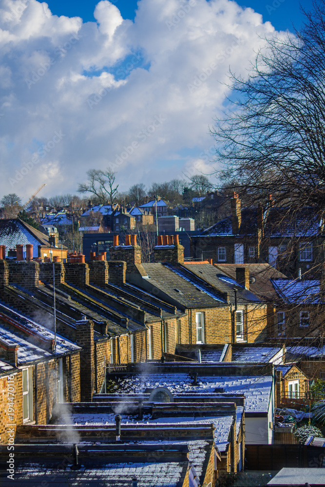 Snow covered roof tops in Greenwich, London