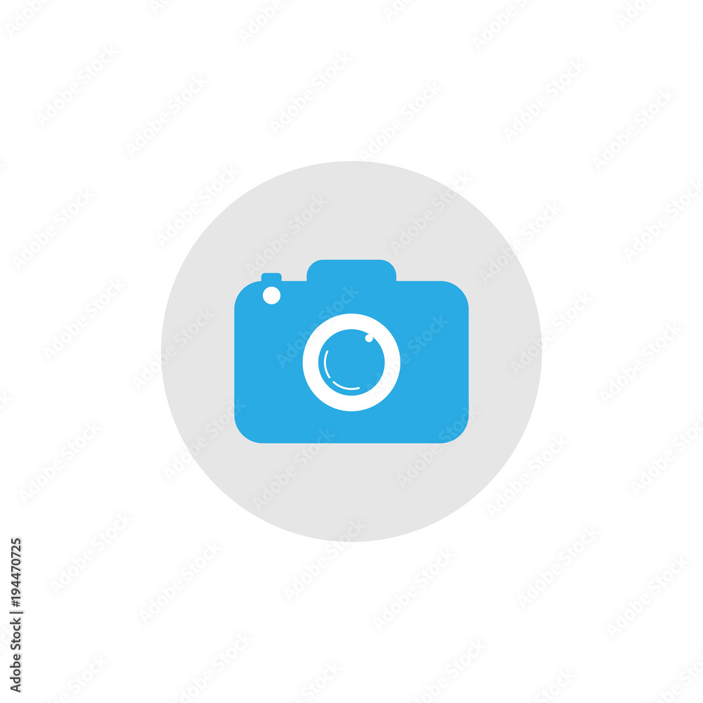Camera icon. Flat design. Vector illustration. Blue on grey/white background. Camera icon. Flat design. Vector illustration. Blue on grey/white background.