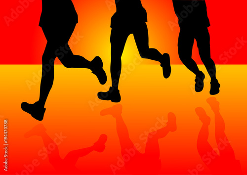 Colorful marathon runners silhouette in sunset or sunrise vector illustration