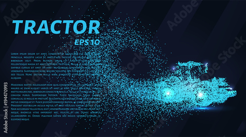 Tractor of the particles. Tractor with trailer consists of dots and circles. Vector illustration.