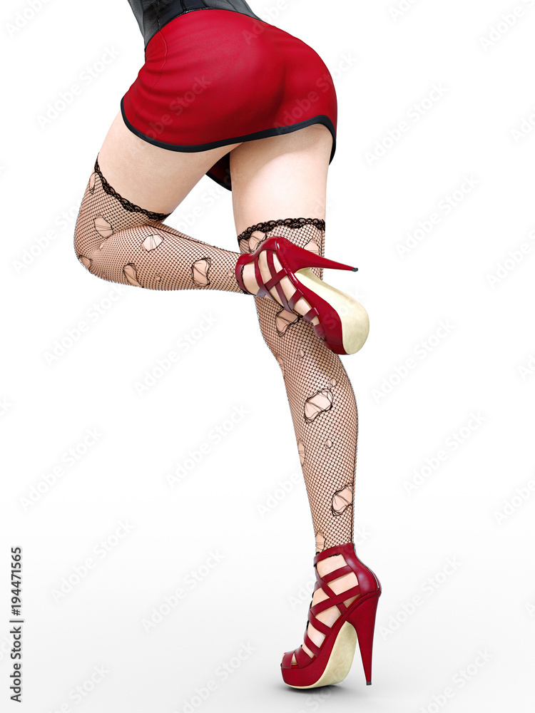 Long slender sexy legs woman. Short skirt. Black stockings mesh. High heels.  Office secretary. Provocative liberated pose. 3D rendering. Isolate.  Conceptual fashion art. Stock Illustration | Adobe Stock