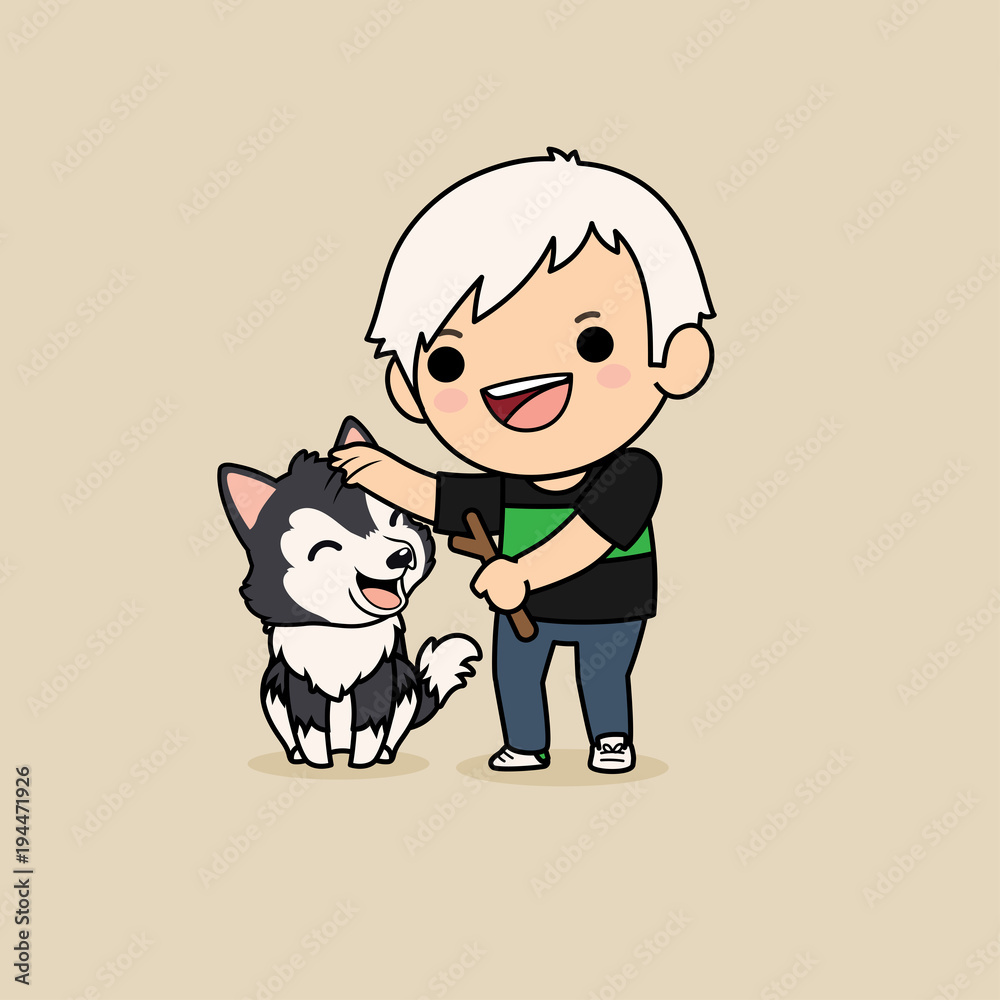 Cute cartoon character design Dark Grey Siberian Husky dog with a man play game with a branch for dog. Stock Vector | Adobe Stock Cute cartoon character design Dark Grey Siberian Husky dog with a man play game with a branch for dog. Stock Vector | Adobe Stock
