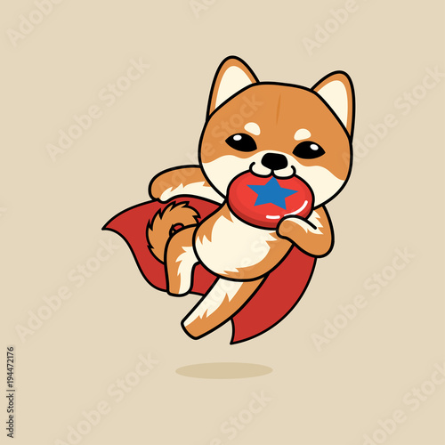 Cute cartoon character design Shiba Inu dog dog super dog, playing Frisbee or flying plastic disc