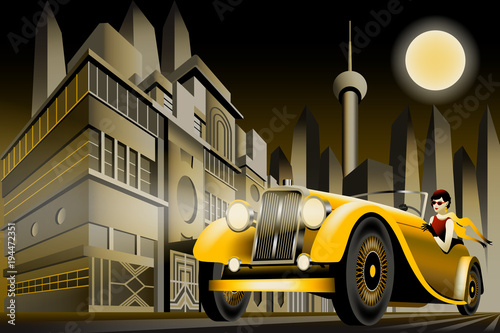 Dekoracja na wymiar  the-woman-in-the-car-on-the-road-handmade-drawing-vector-illustration-art-deco-style