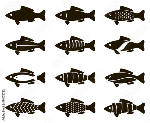 collection of black fish icon isolated