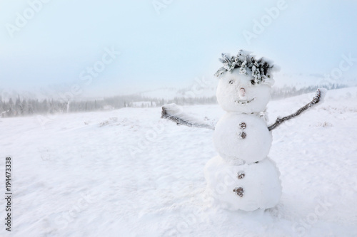 Snowman on frosty day. Winter vacation