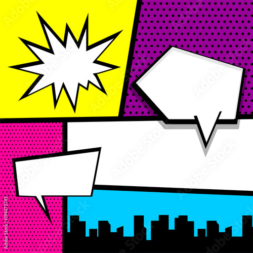 Cartoon funny vintage strip comic city view. Pop art comics book magazine cover template.Text speech bubble balloon, box message, burst bomb. Vector colored halftone illustration. Blank humor graphic