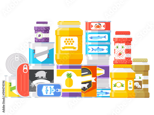 Canned goods isolated on white background. Vector illustration