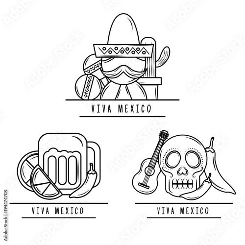 viva mexico man skull beer maracas guitar chili pepper vector illustration