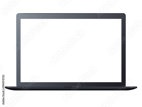 Modern black frosted open laptop on white background. Realistic mockup laptop front view. Vector illustration