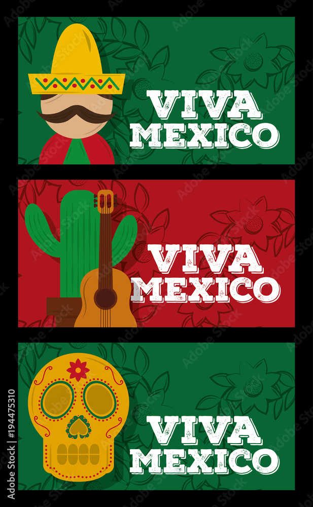 Obraz premium viva mexico set man cactus skull festive vector illustration