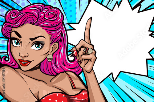 Pop art face. Sexy young woman pointing finger and speech bubble. Vector colorful background in pop art retro comic style. Banner, card, invitation and print.