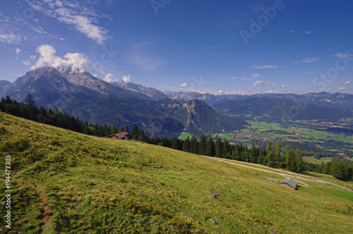 Alps mountains of Germany and green pasture landscape