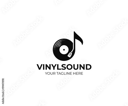 Music logo template. Musical note and vinyl record vector design. Turntable illustration photo