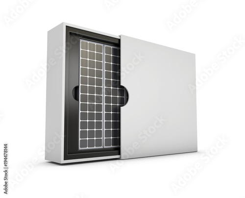 solar panels in the box, energy from the sun concept, 3d illustration