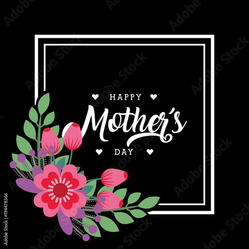 happy mothers day greeting card bunch flowers frame decoration dark background vector illustration