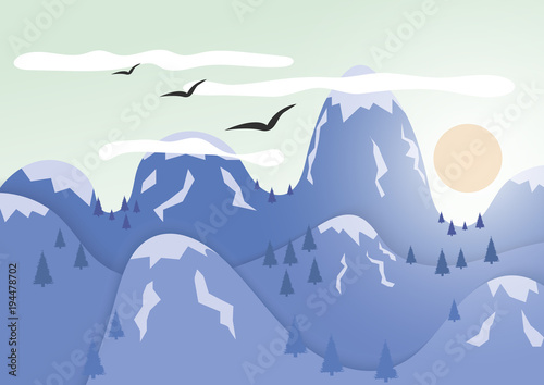 Mountains with ice cap. The sun hides behind the mountains.
