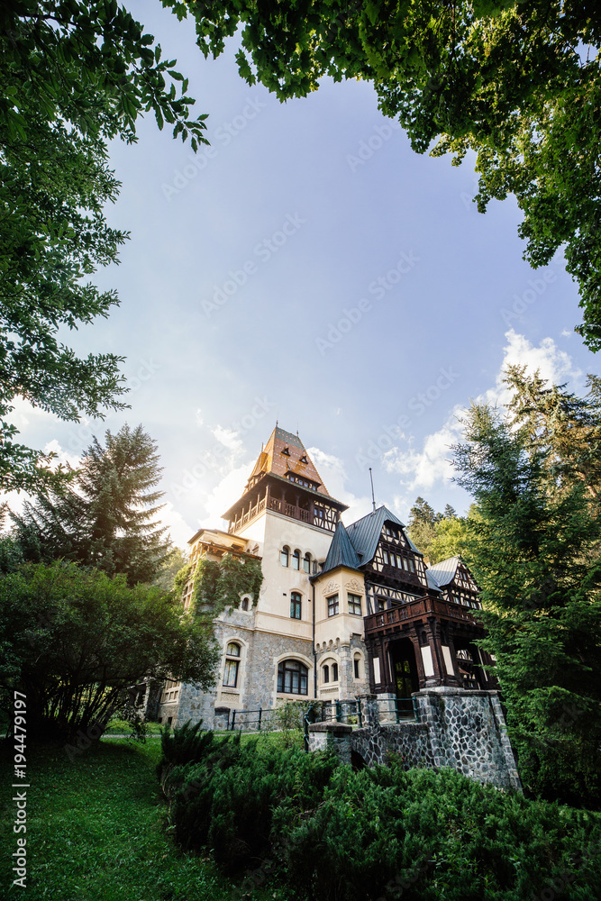 View of Pelisor castle, Sinaia, Transylvania, Romania. Scenic travel postcard.