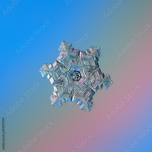 Snowflake glittering on blue gradient background. Macro photo of real snow crystal: sectored plate with glossy relief surface, fine hexagonal symmetry, six short arms and complex inner pattern. photo