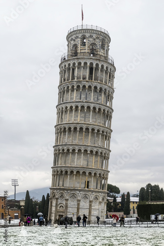 The Leaning Tower of Pisa with snow, Tuscany, Italy