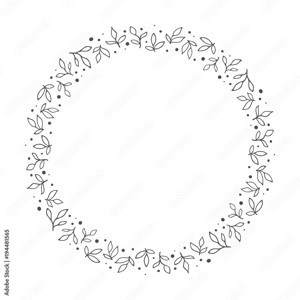vector hand drawn floral wreath, round frame with leaves and dots, decorative design element, illustration
