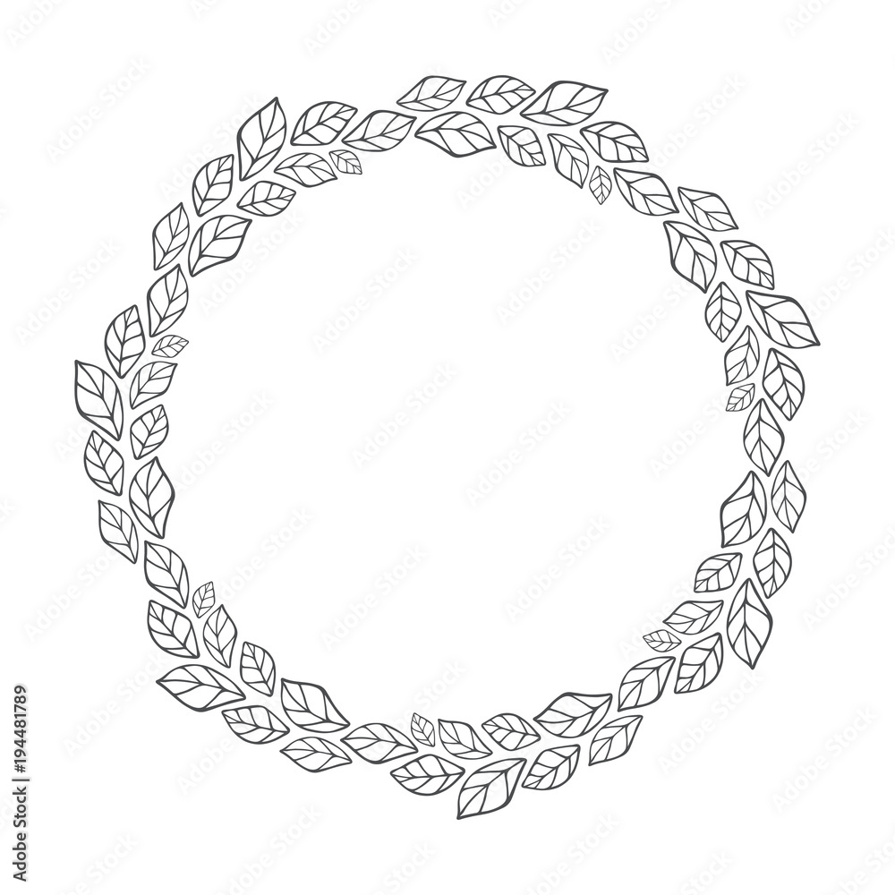 vector hand drawn floral wreath, round frame with leaves, decorative design element, illustration
