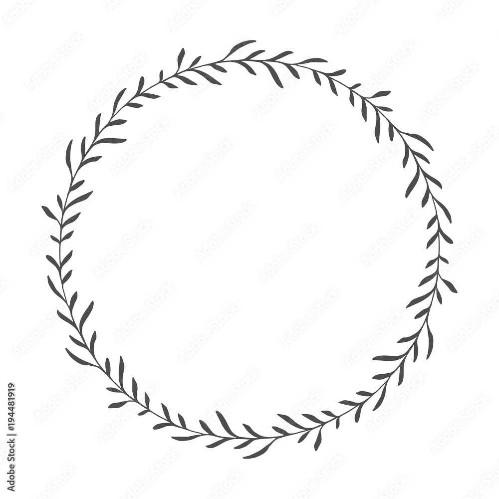 vector hand drawn floral wreath, round frame with leaves, decorative design element, illustration