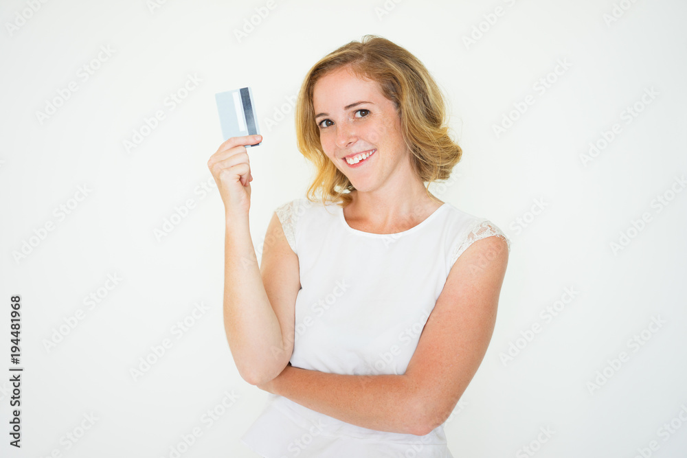 Smiling Cute Young Woman Holding Credit Card Smiling Cute Young Woman Holding Credit Card