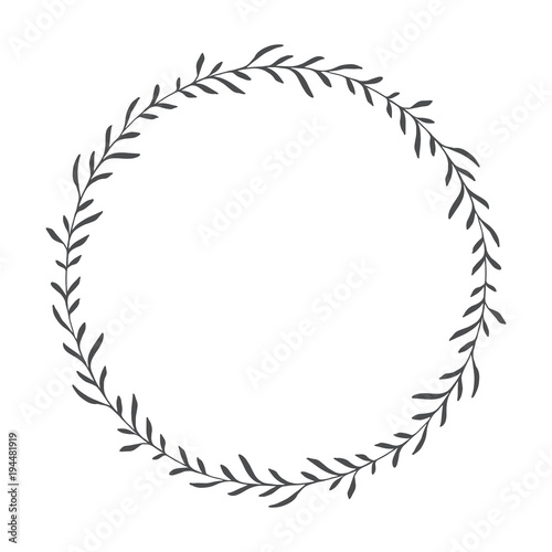 vector hand drawn floral wreath, round frame with leaves, decorative design element, illustration