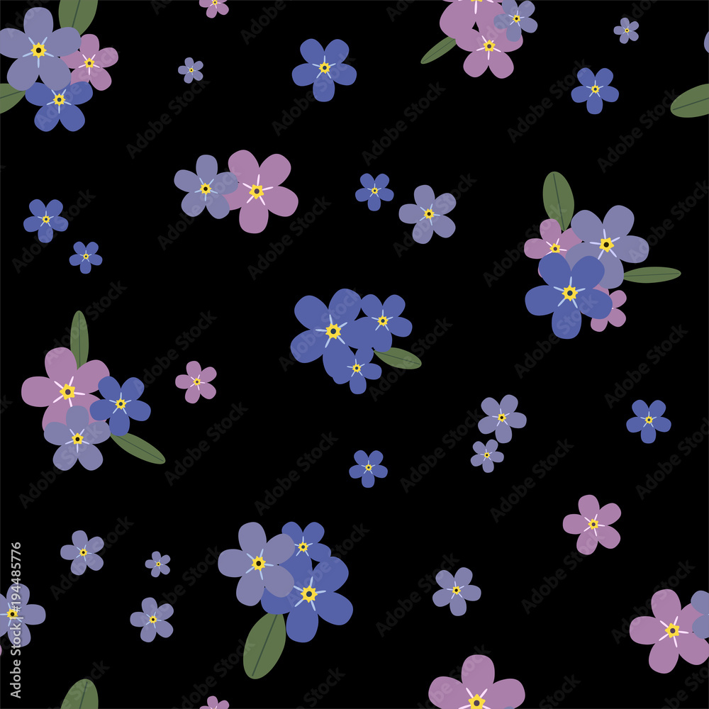 Floral seamless pattern with blue and pink forget-me-nots. Vector.