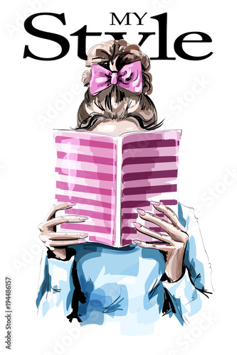 Fashion woman reading book. Cute girl with beautiful hairstyle. Sketch.