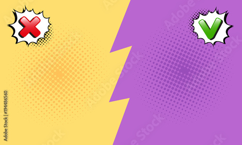 Template background wrong or correct. Comics style design. Vector illustration