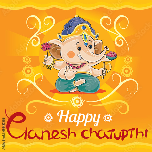Happy Ganesh Chaturthi, traditional holiday in hinduism vector cartoon illustration. Greeting card with little baby Ganesha, indian god of wisdom and prosperity with elephant head on yellow background