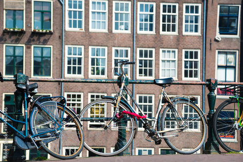 Bicycles on the bridge in Amsterdam, Netherlands