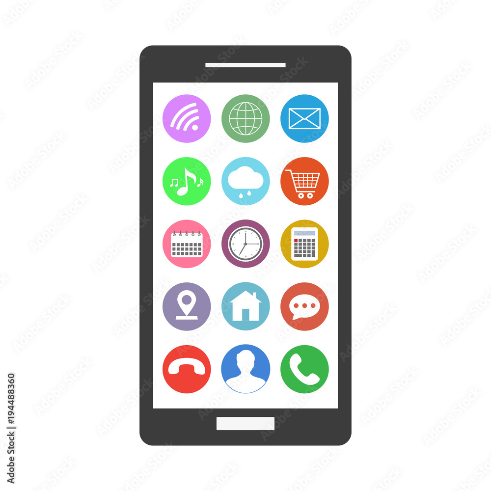 mobile phone with application icons on white background