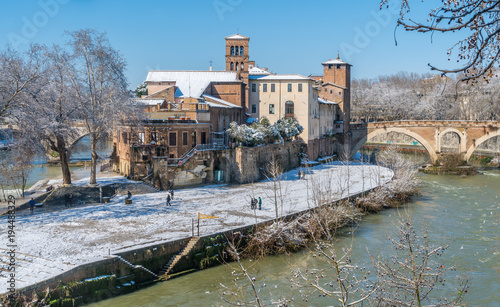 Snow in Rome in February 2018, Tiberina Island in the morning, Italy. photo