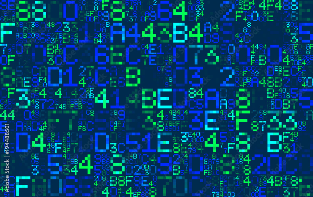 Vector Blue hexadecimal computer code. Abstract matrix background. Hacker attack. Generated computer code concept