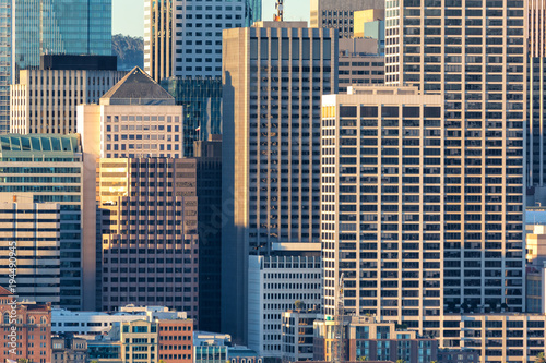 San Francisco downtown skyline close-up view at sunrise, California