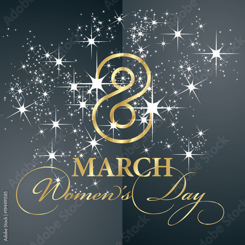 Womans Day 8 March gold line art white stars logo black background beautiful calligraphy