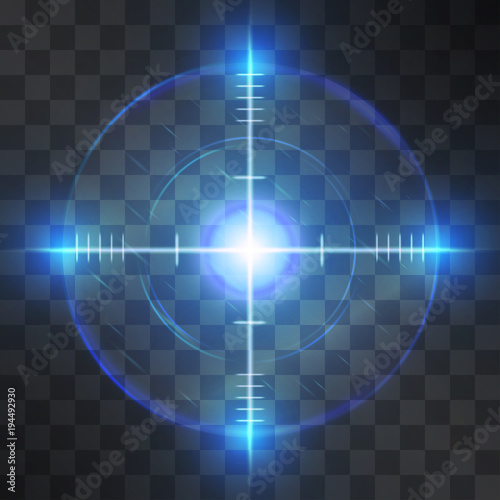 Shining blue reticle, target screen, successful aim detection, symbol of business or military accuracy, technology interface, sport competition, correct decisions or information discover.