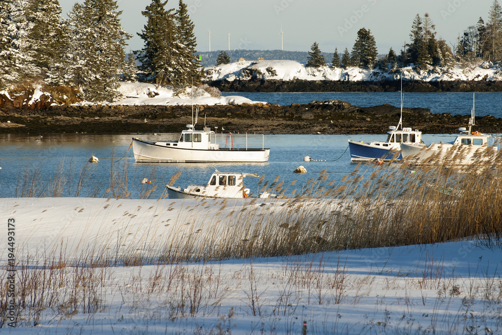 Obraz premium Fishing Boats Stay Safe in Snow Covered Harbor in Maine During Winter Season