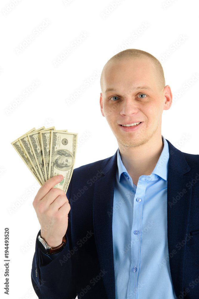 Happy handsome man in a suit holding fan of dollar banknotes, businessman and money. Isolated on white background. Happy handsome man in a suit holding fan of dollar banknotes, businessman and money. Isolated on white background.