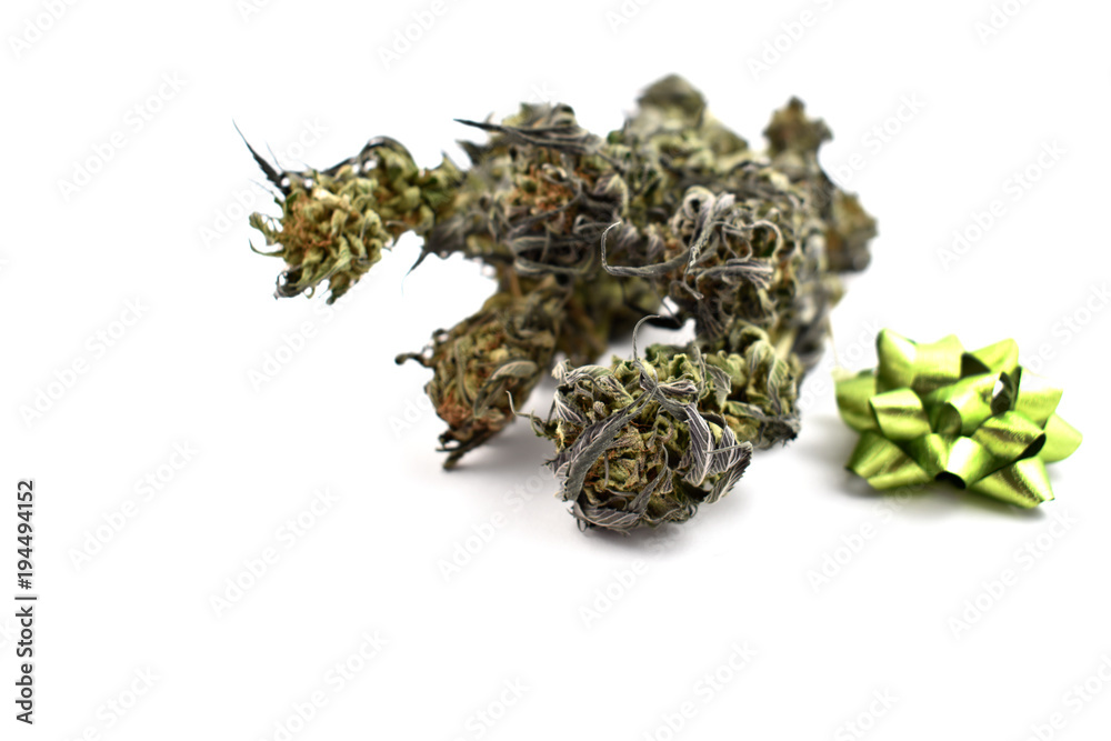 Gift hemp stock images. Marijuana isolated on a white background. Merry Cannabis Christmas. Hemp Christmas decorations. Cannabis with a green bow Gift hemp stock images. Marijuana isolated on a white background. Merry Cannabis Christmas. Hemp Christmas decorations. Cannabis with a green bow